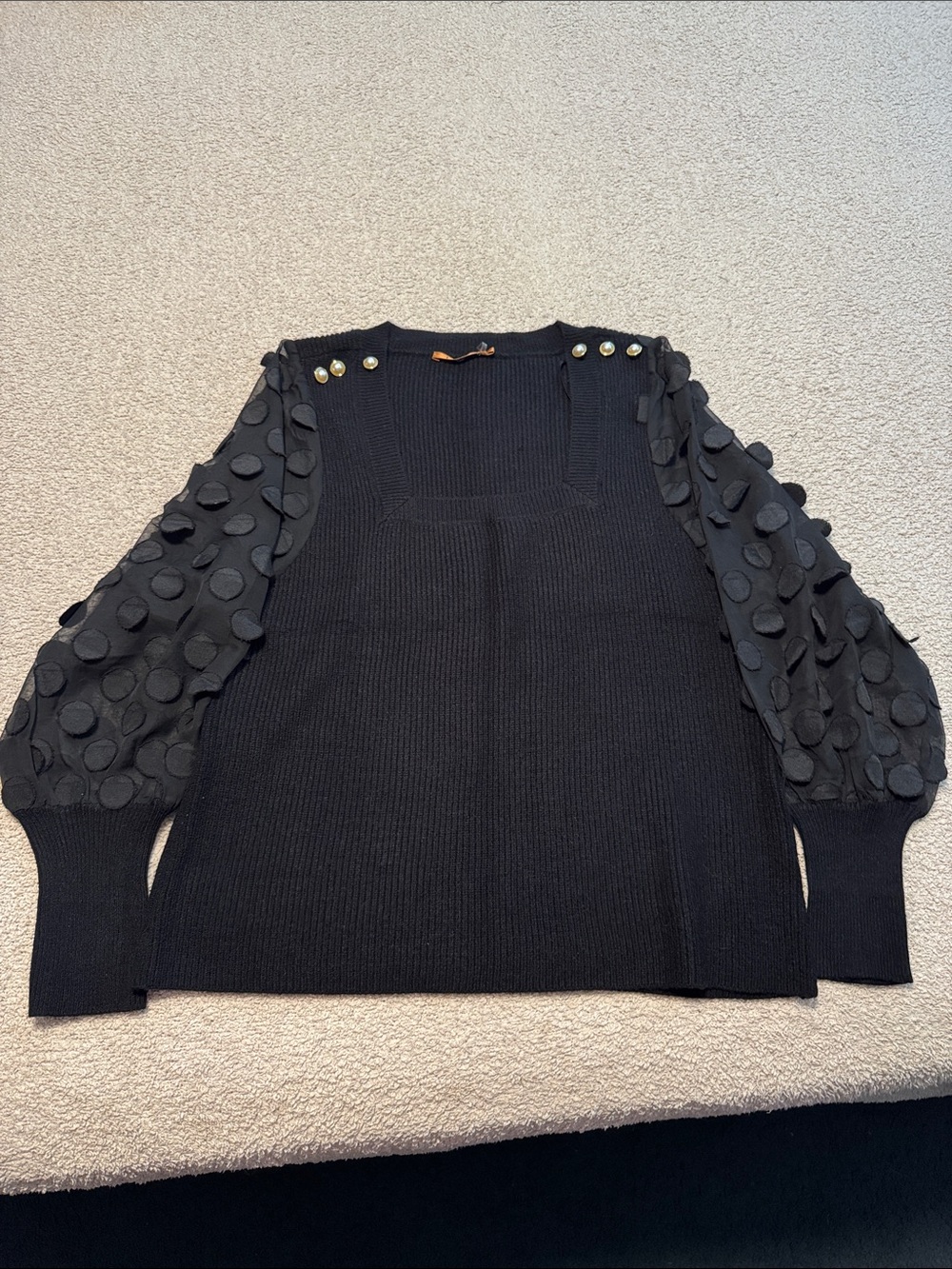 Belldini Black Ribbed Knit Top with sheer polka dot puff sleeve 2X button detail